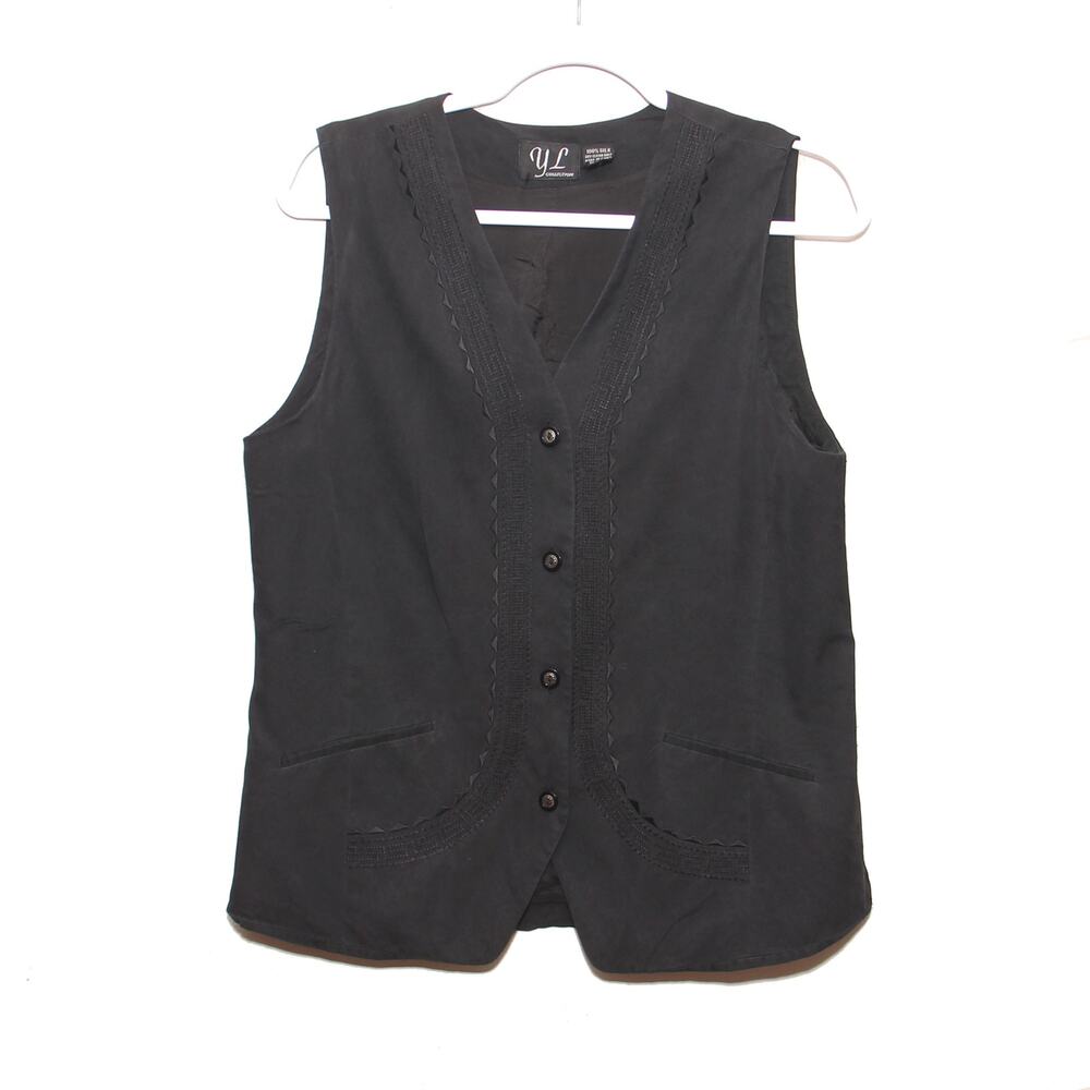Vintage YL Collection 100% Silk Black Vest Embroidered Trim Size 8 90s Y2K